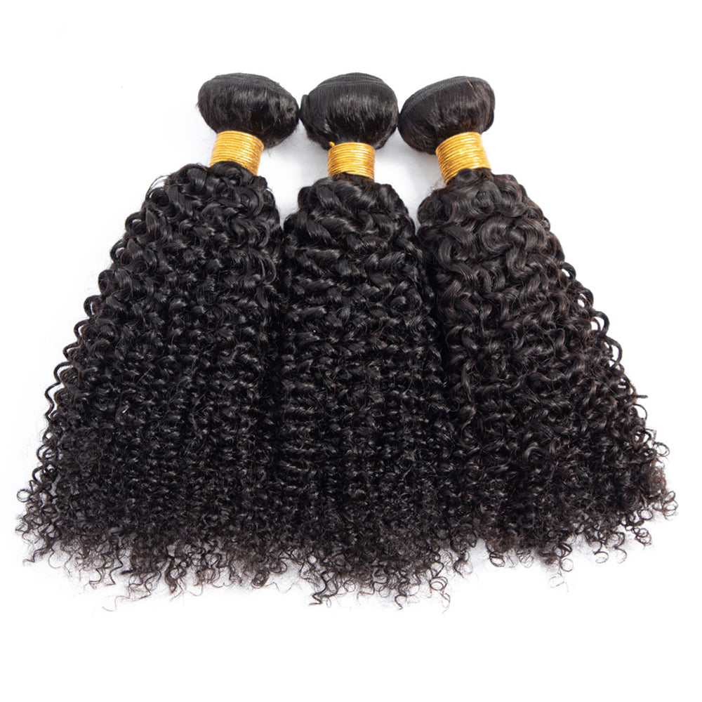 3 Bundle Deals With 4*4 Transparent Closure Kinky Curly Virgin Human Hair Natural Black