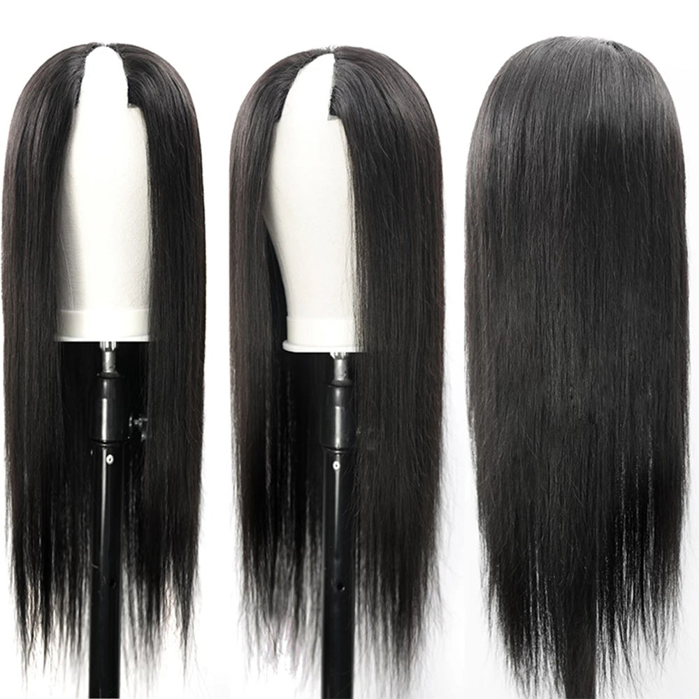 Straight #1B Natural Black V Part Wigs 100% Virgin Human Hair 180% Density