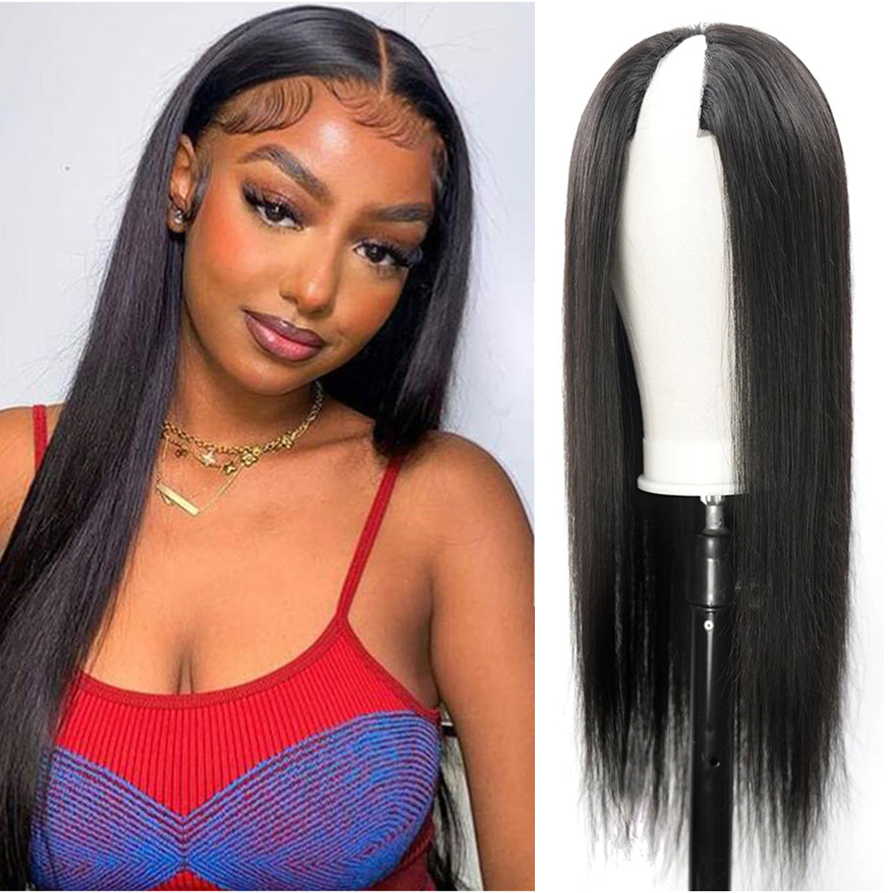 Straight #1B Natural Black V Part Wigs 100% Virgin Human Hair 180% Density