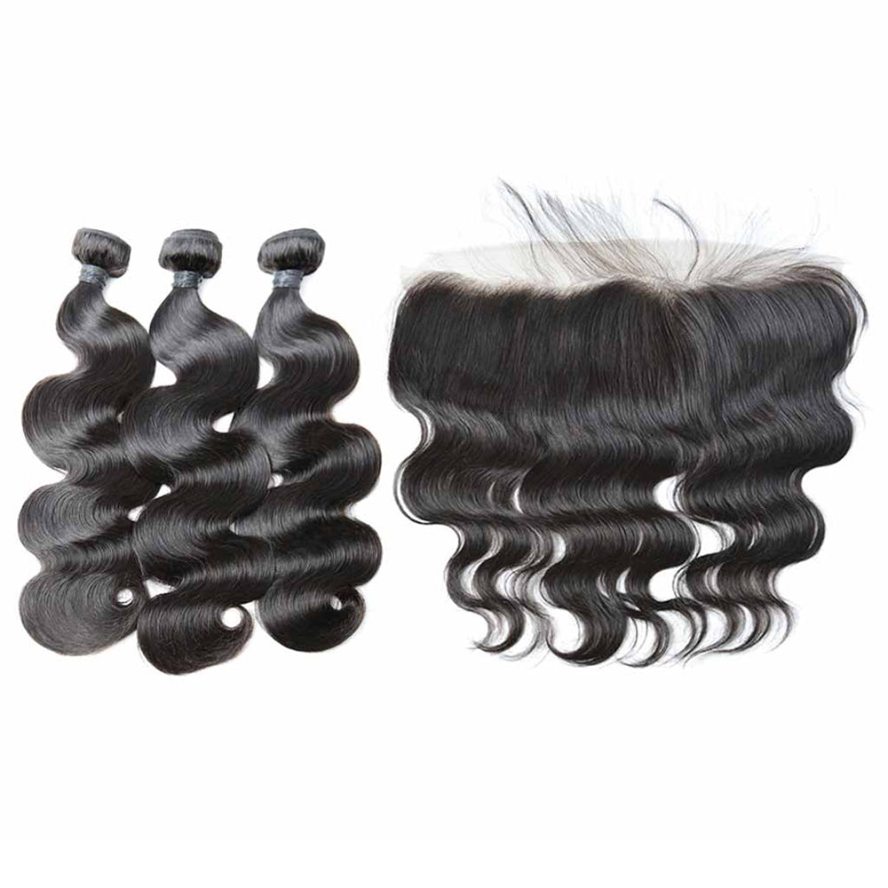 3 Bundle Deals With 13*4 Transparent Frontal Body Wave Virgin Human Hair Natural Black