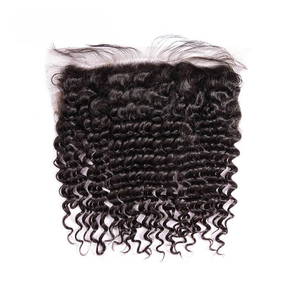 3 Bundle Deals With 13*4 Transparent Frontal Deep Curly Virgin Human Hair Natural Black