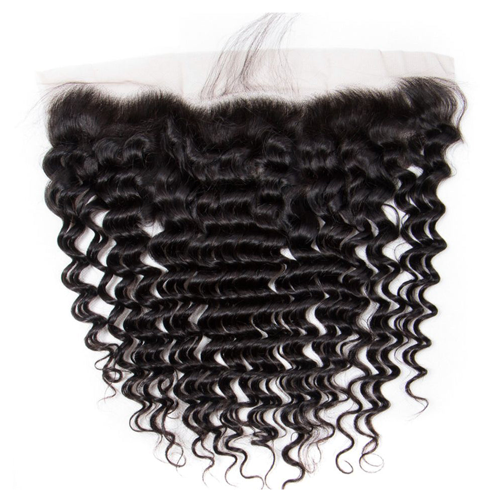 3 Bundle Deals With 13*4 Transparent Frontal Deep Wave Virgin Human Hair Natural Black