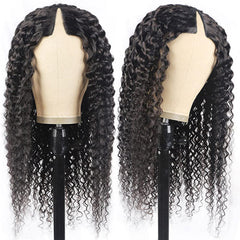 Deep Wave #1B Natural Black V Part Wigs 100% Virgin Human Hair 180% Density