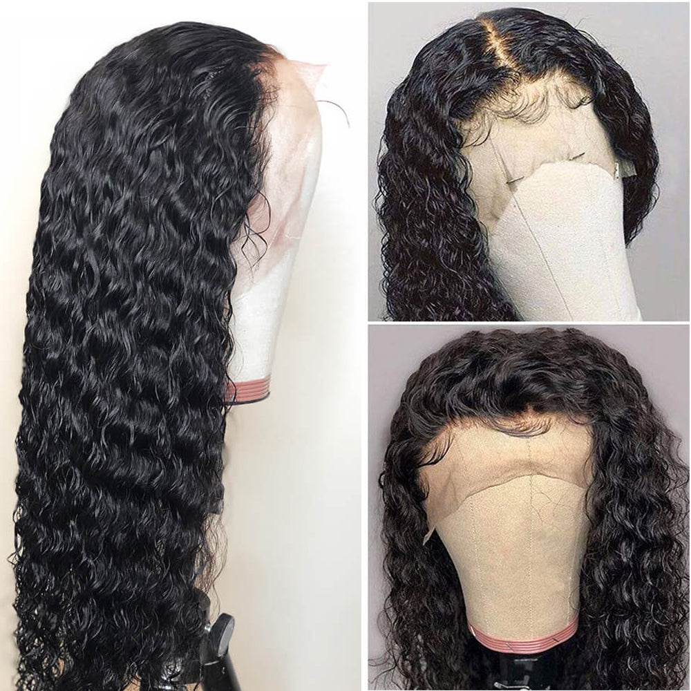 Deep Wave 13x4 Transparent Frontal Lace Wig Natural Black 180% Density