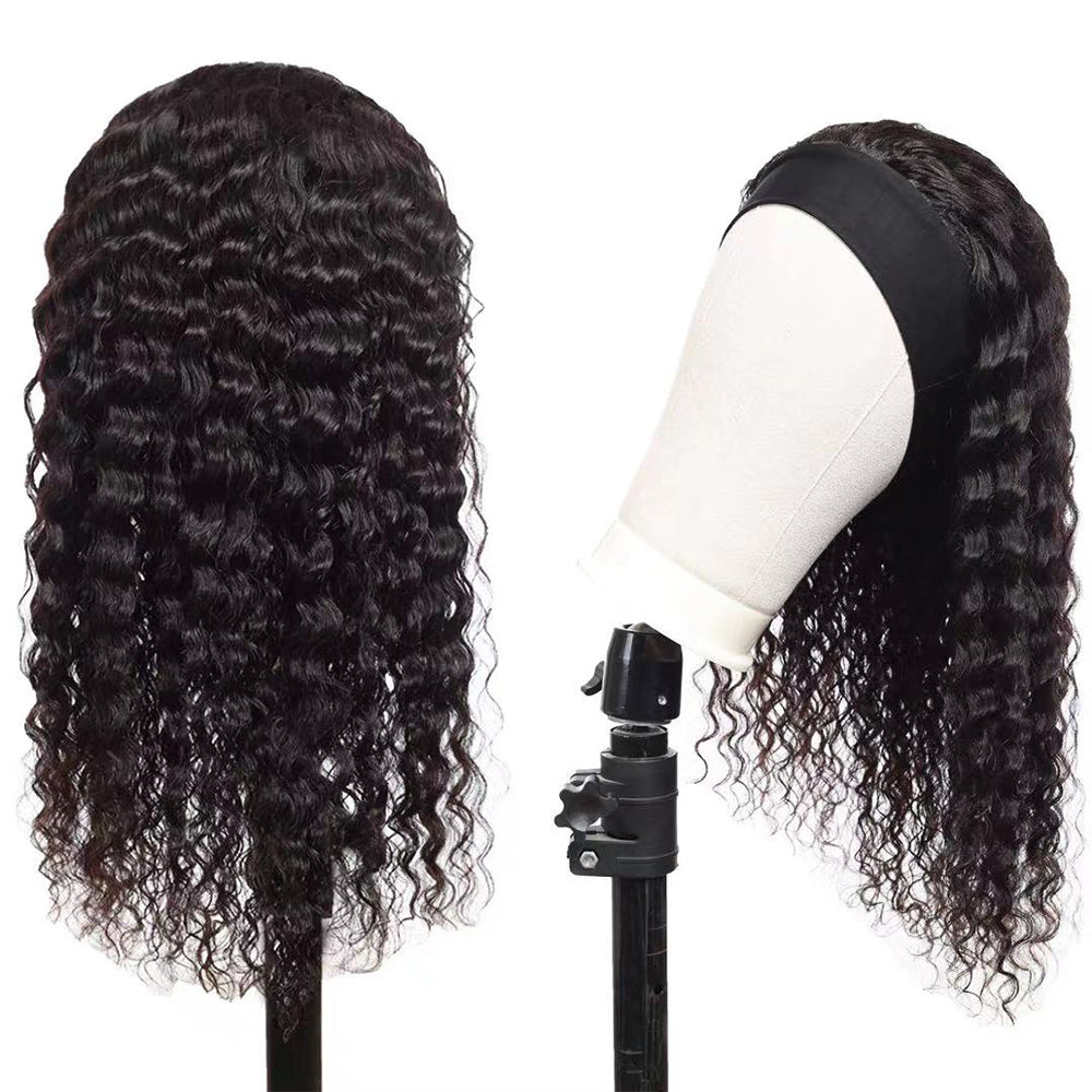 Deep Wave Glueless Headband Wig Natural Black 180% Density