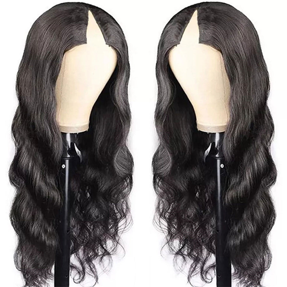 Body Wave #1B Natural Black V Part Wigs 100% Virgin Human Hair 180% Density